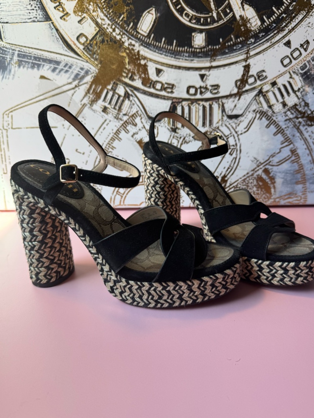 Coach Black Platform Braided-Detail High Heel Sandals